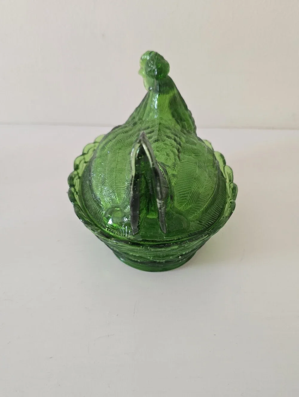 Vintage Green Glass Hen on Nest Covered Dish